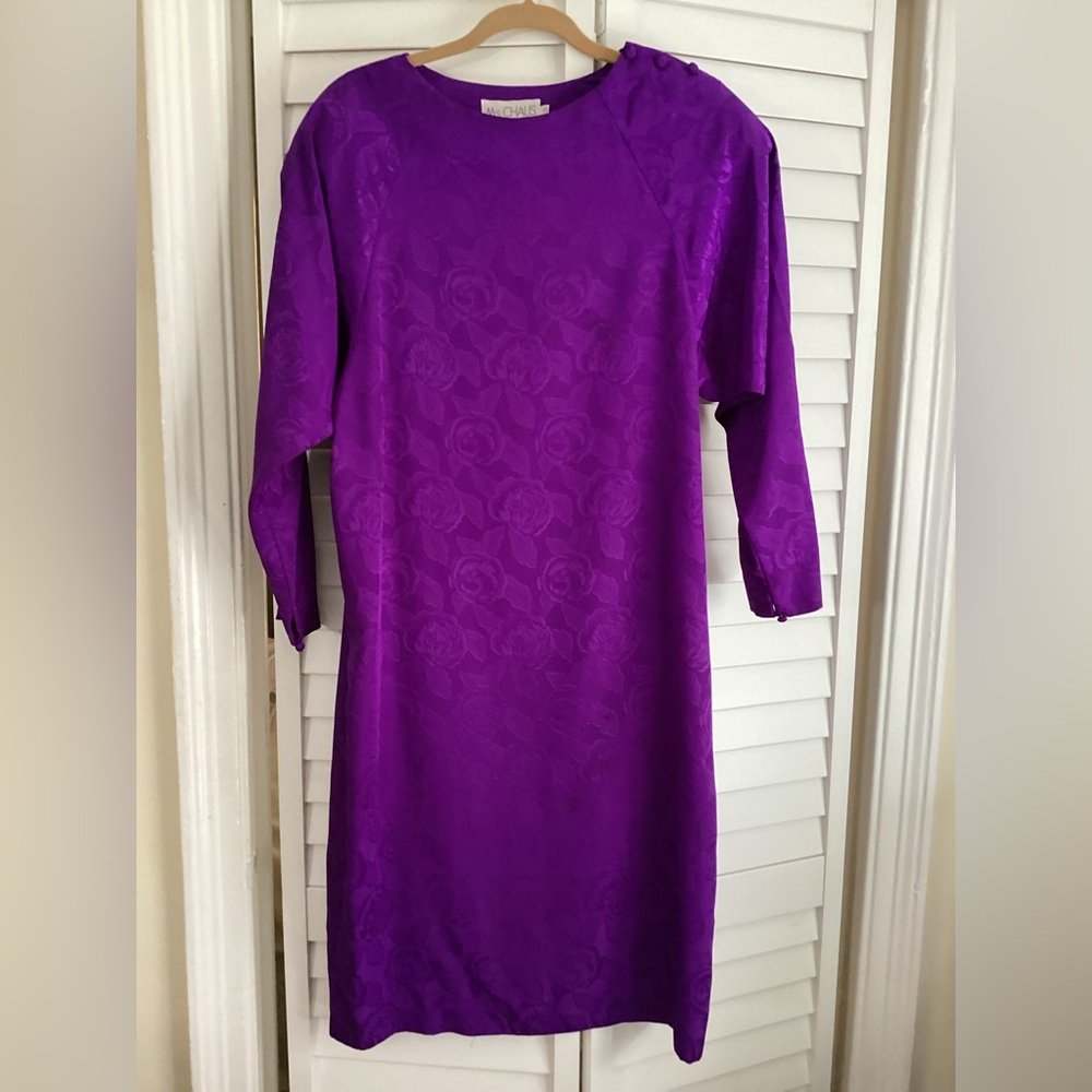 Ms. CHAUS Vintage Elegant Purple Floral Pattern Long Sleeve Dress Size 14